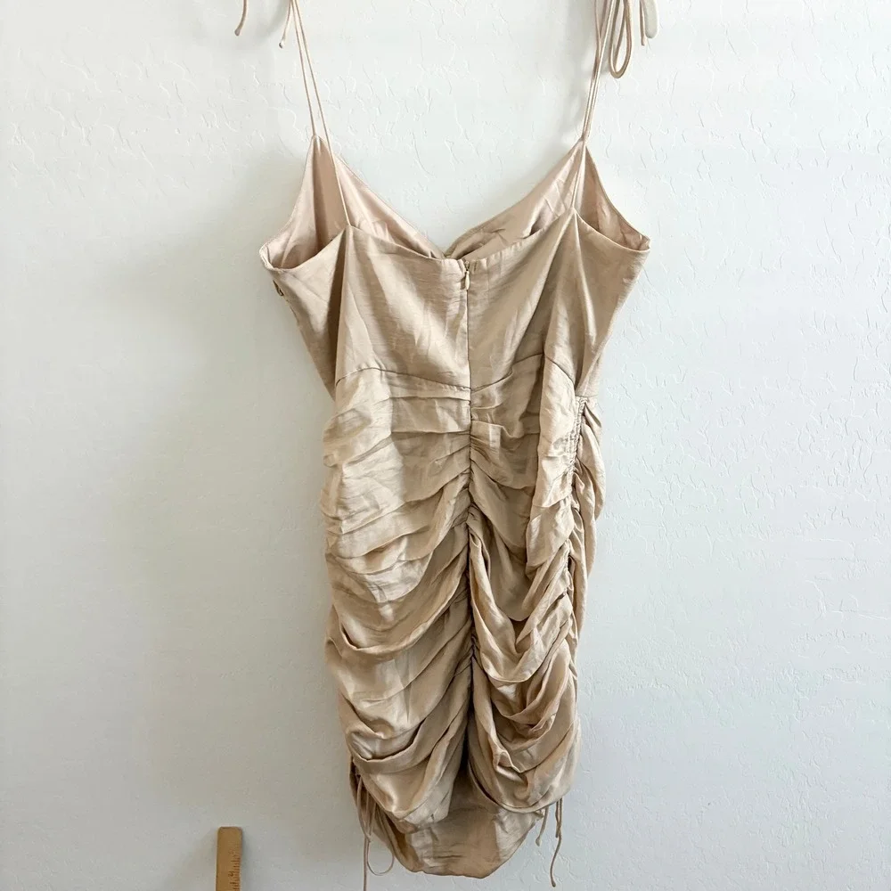 Sabo Skirt Champagne Satin Ruched Mini Dress Large Gold Sleeveless Bodycon Zip